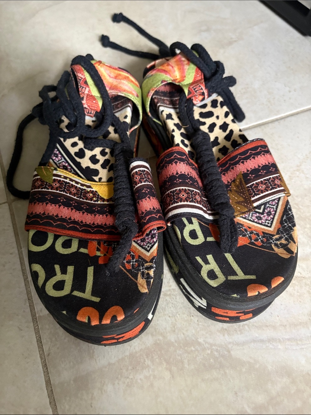 Brazil Farm Rio Inspired Multi-Color Patterned Lace-Up Sandals